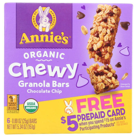 ANNIES HOMEGROWN: Organic Chocolate Chip Chewy Granola Bars 6Pk, 5.34 oz